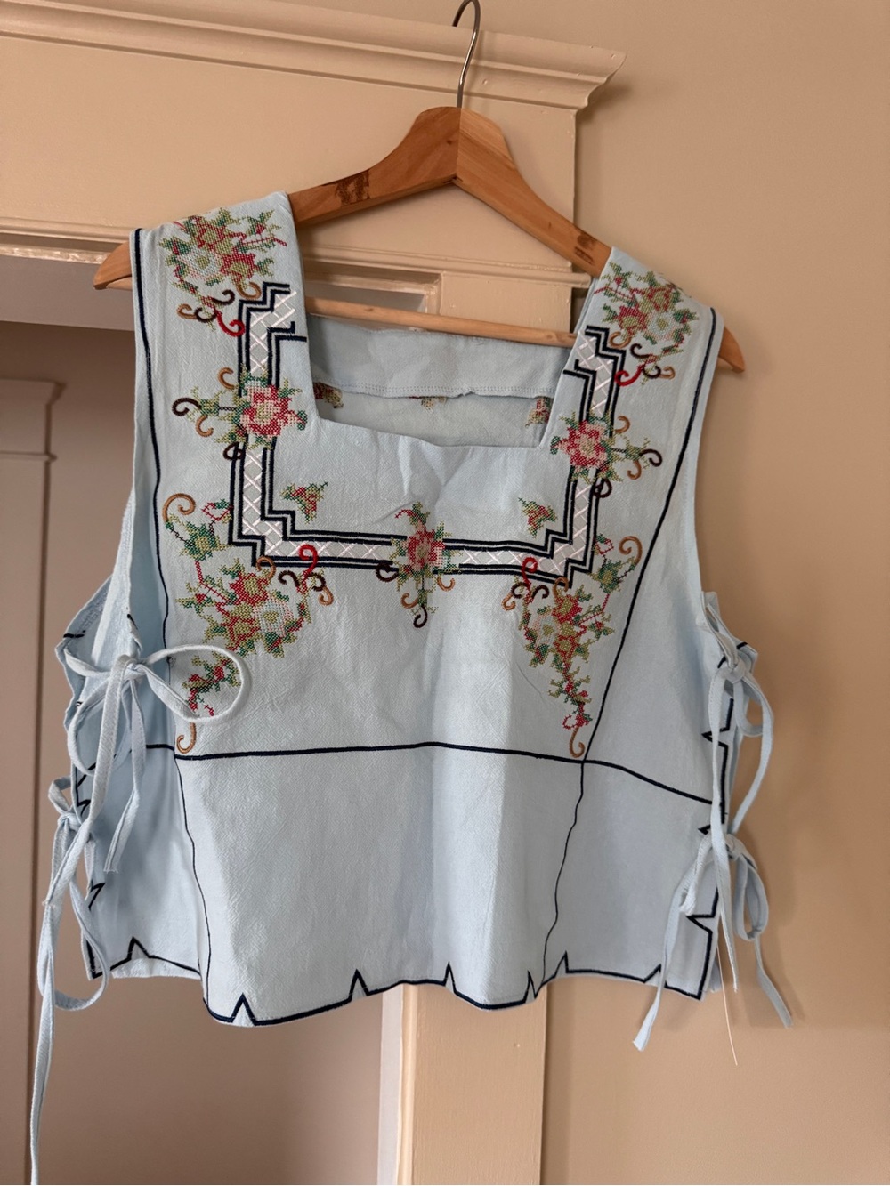 Light Blue Embroidered Floral Sleeveless Tie-Side Top